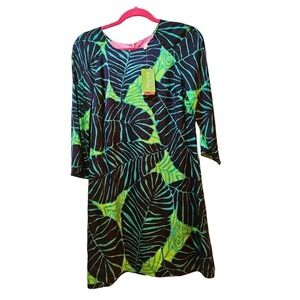 Lilly Pulitzer 3/4 skeeve. Green Navy dress NWT.‎ Tropical Leaves.  Hawaii. Vaca